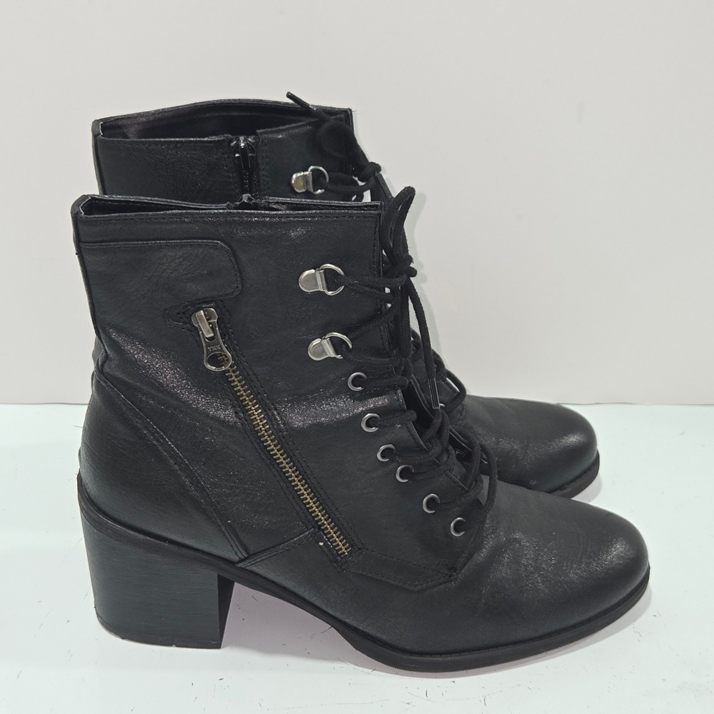 White Mountain Dorian Black Lace Up Combat Boots Side Zip Block Heel Size 11M
